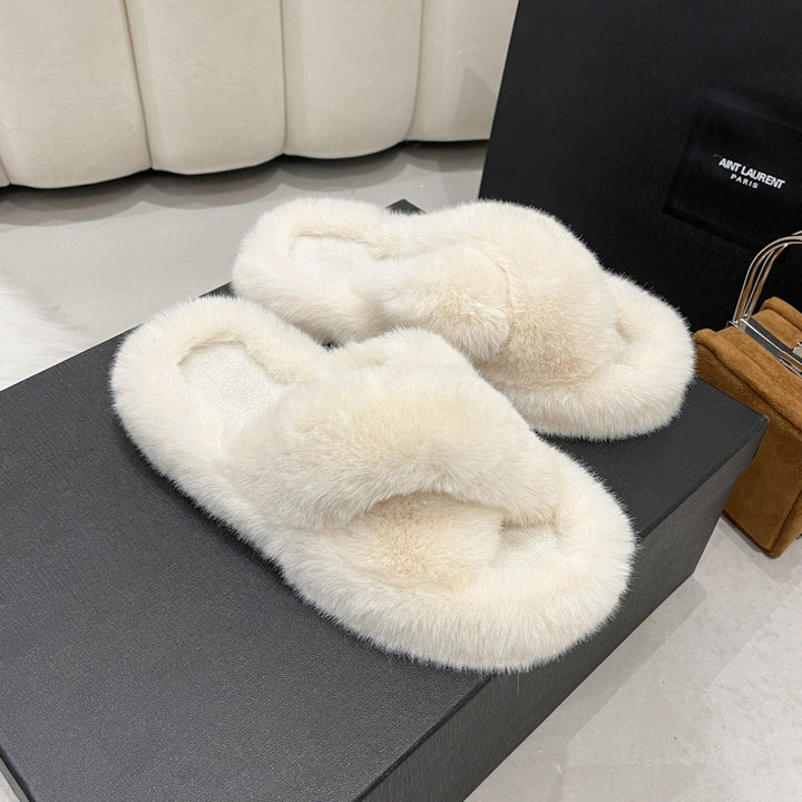 Lily | Polished Cross Strap Fluffy Slippers