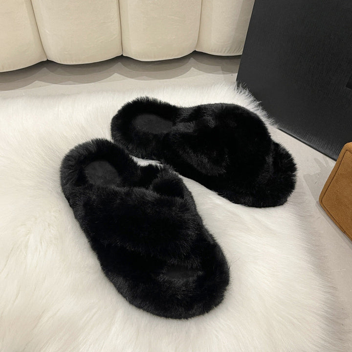 Lily | Polished Cross Strap Fluffy Slippers