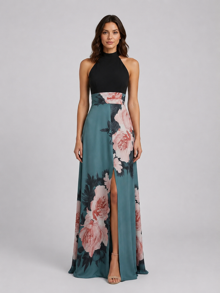 Lola | Chic Floral Halter Neck Maxi Christmas Dress