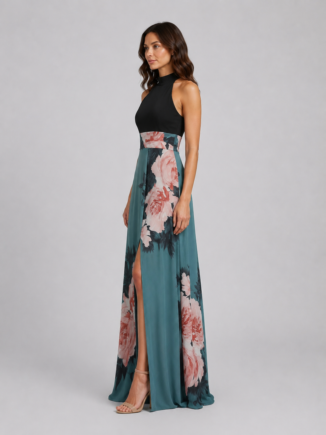 Lola | Chic Floral Halter Neck Maxi Christmas Dress