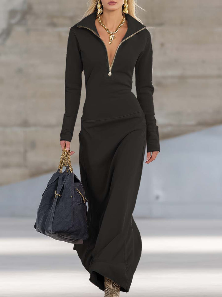 Luna | Elegant Half-Zip Maxi Jumper Dress with Stand Collar