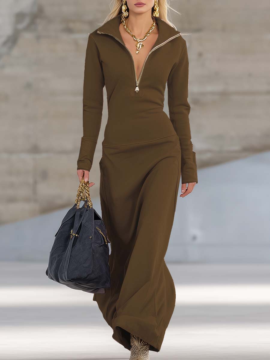 Luna | Elegant Half-Zip Maxi Jumper Dress with Stand Collar