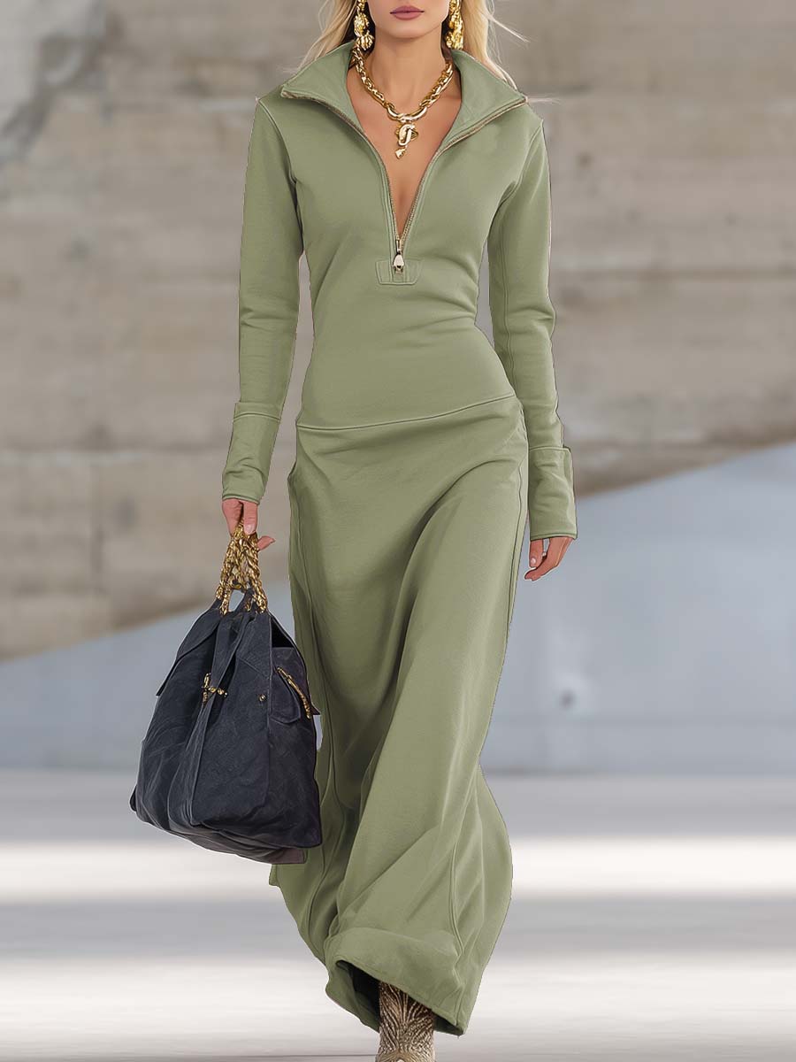 Luna | Elegant Half-Zip Maxi Jumper Dress with Stand Collar