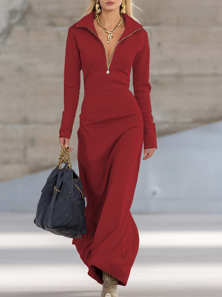 Luna | Elegant Half-Zip Maxi Jumper Dress with Stand Collar
