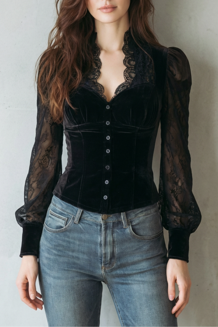 Matilda | Classic Lace Sleeve Velvet-Look Party Top