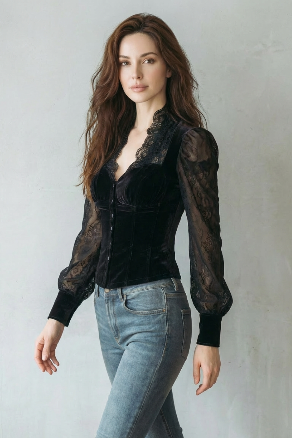 Matilda | Classic Lace Sleeve Velvet-Look Party Top