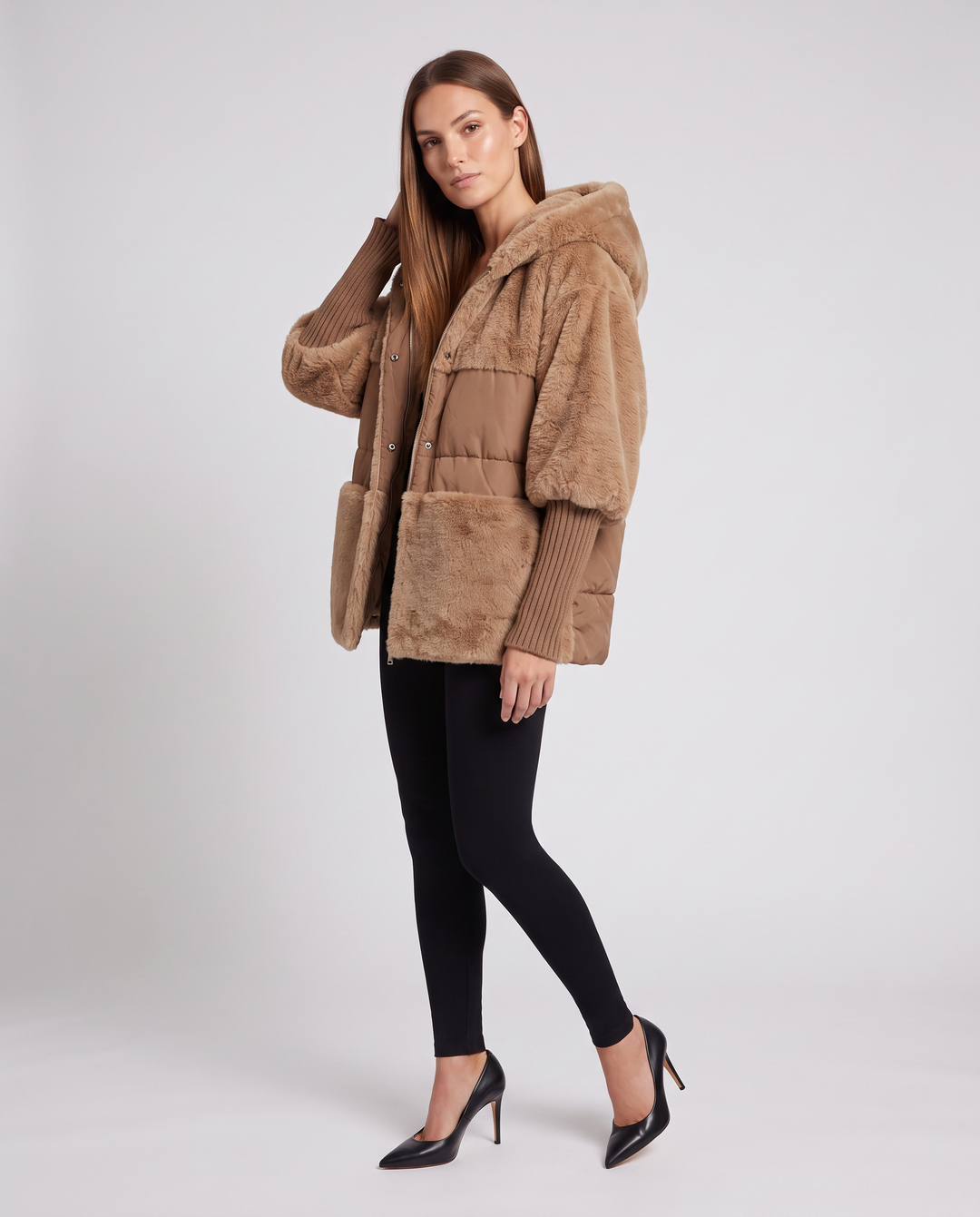 Maya | Elegant Hooded Faux Fur Coat with Ribbed Cuffs