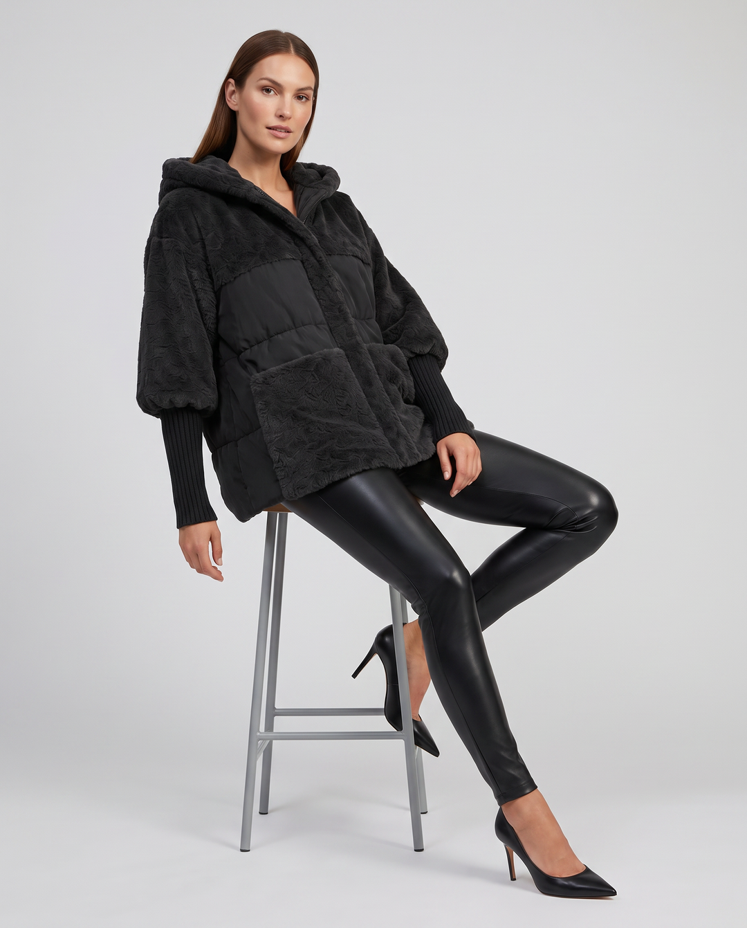 Maya | Elegant Hooded Faux Fur Coat with Ribbed Cuffs