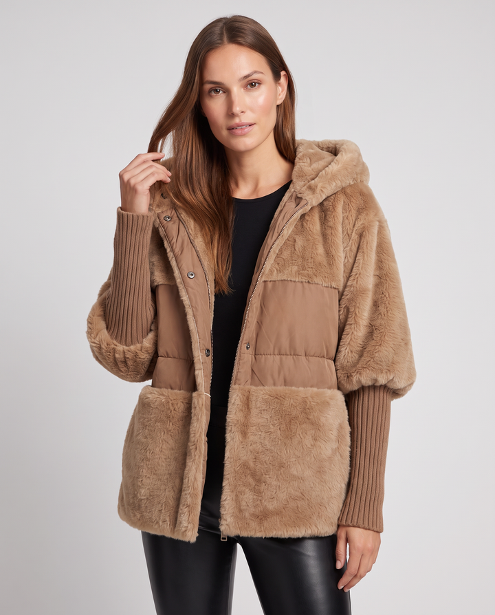 Maya | Elegant Hooded Faux Fur Coat with Ribbed Cuffs