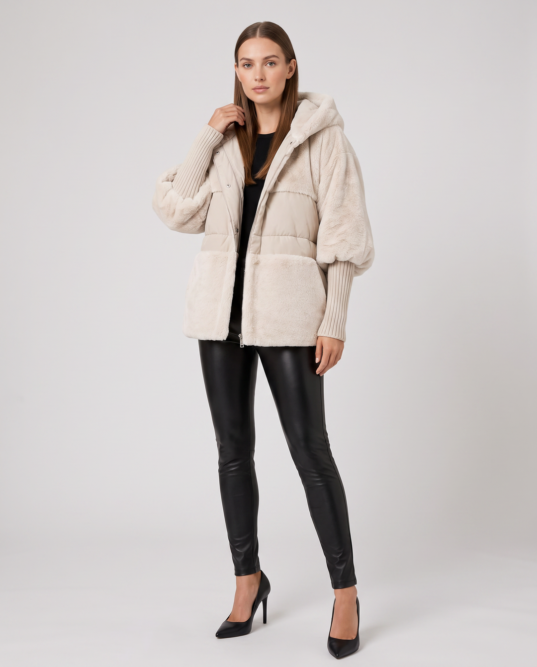 Maya | Elegant Hooded Faux Fur Coat with Ribbed Cuffs