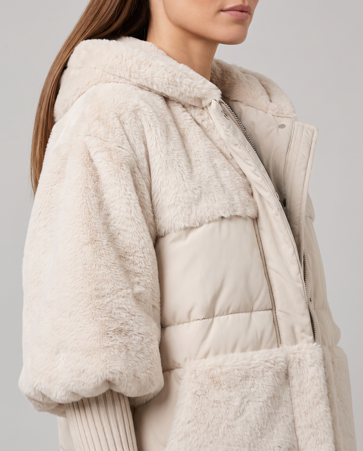 Maya | Elegant Hooded Faux Fur Coat with Ribbed Cuffs