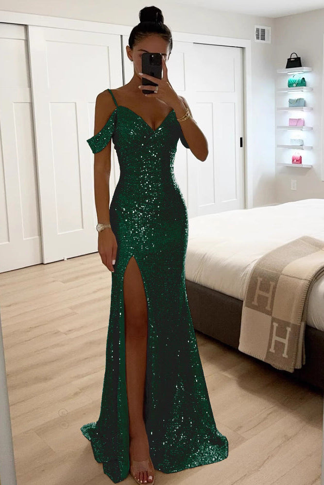Maya | Sophisticated Sequin Off-Shoulder Christmas Dress with High Slit