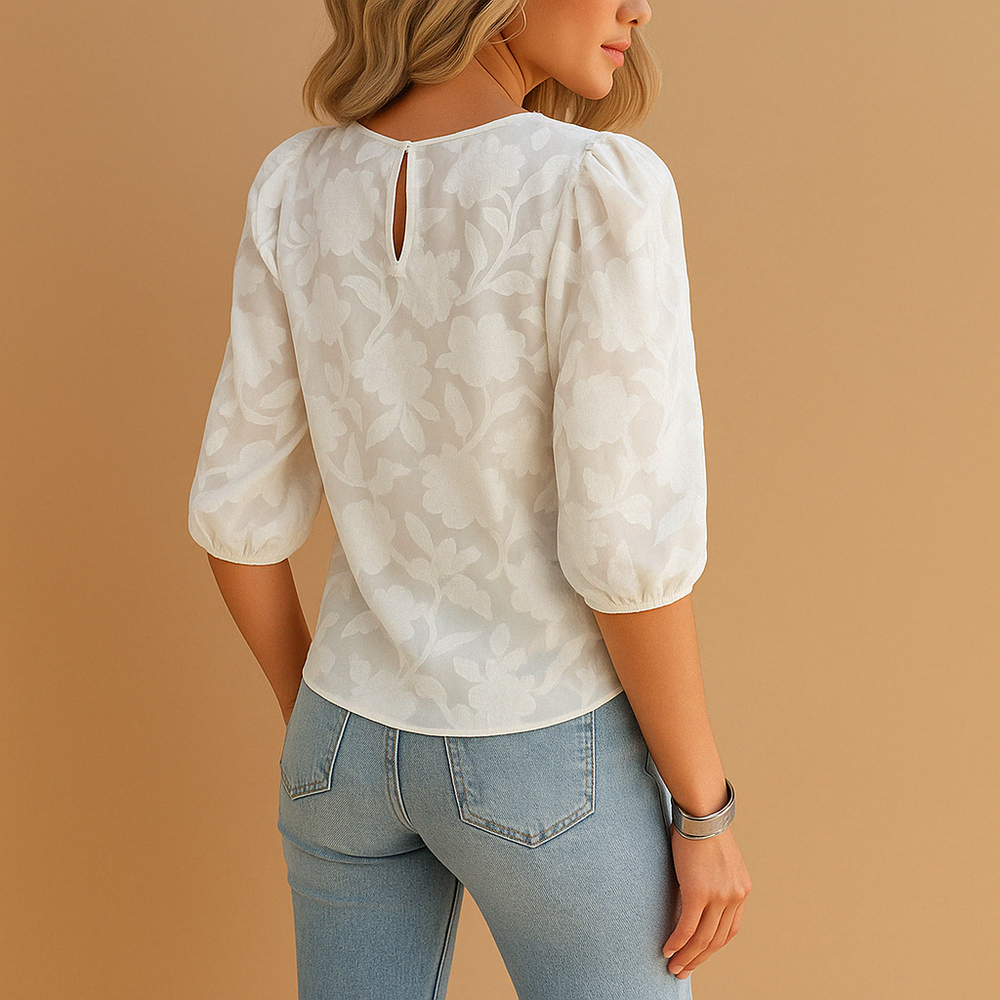 Mia | Polished Floral Jacquard Puff Sleeve Party Top