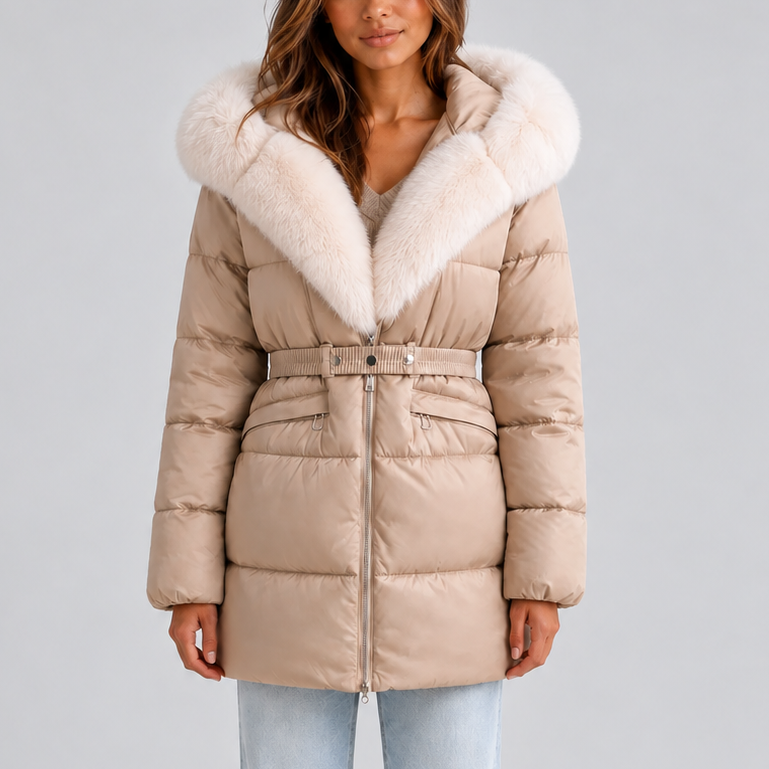 Mia | Stylish Belted Faux Fur Coat with Hood