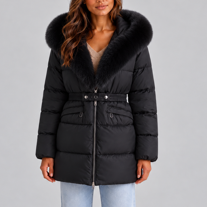 Mia | Stylish Belted Faux Fur Coat with Hood