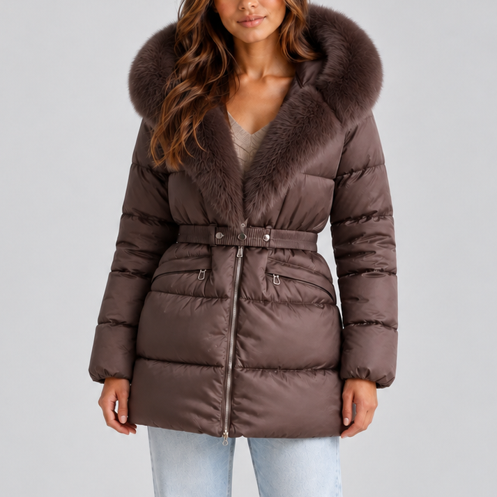 Mia | Stylish Belted Faux Fur Coat with Hood
