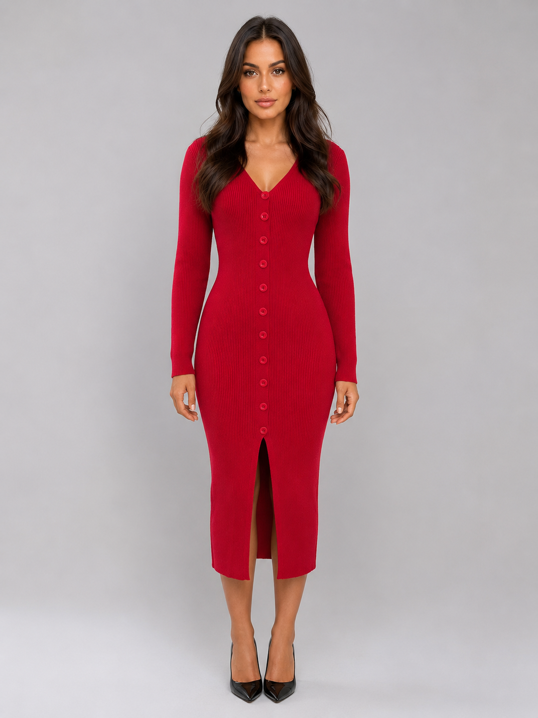 Myla | Cosy Ribbed Knit Button-Front Jumper Dress