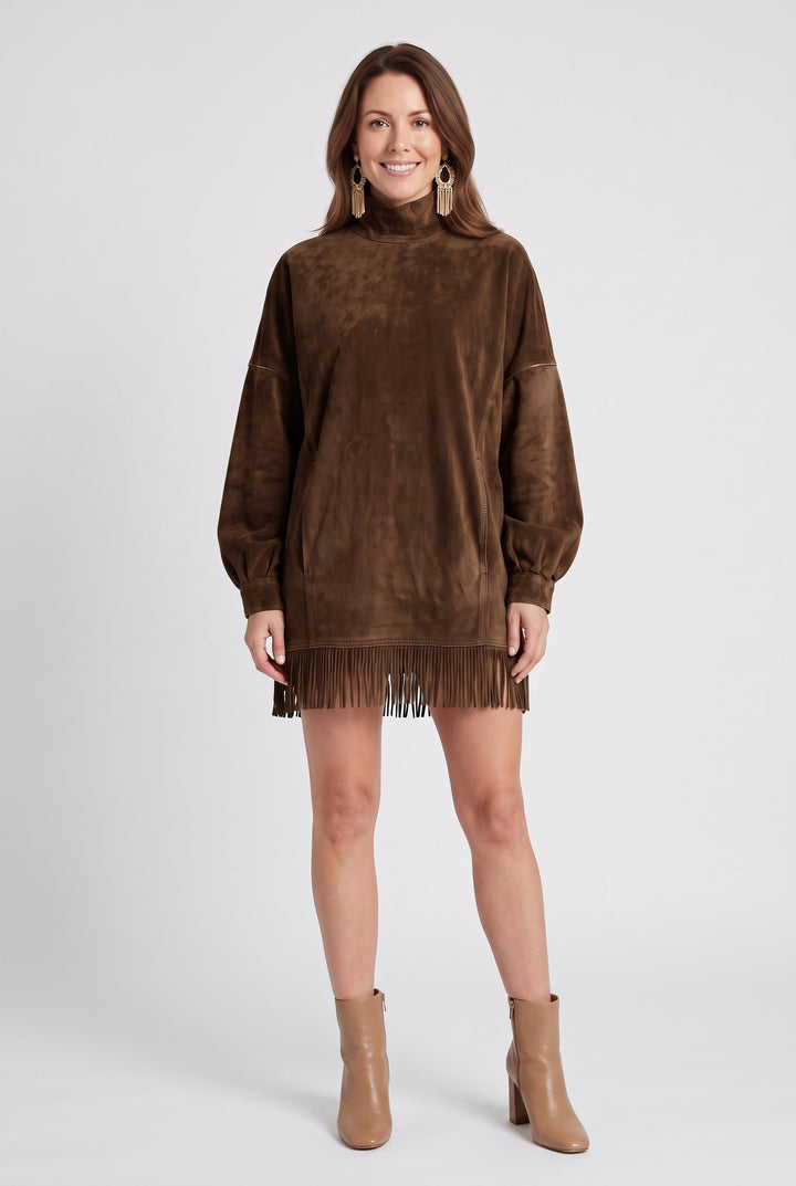 Nancy | Refined Fringe Hem Jumper Dress with High Neck