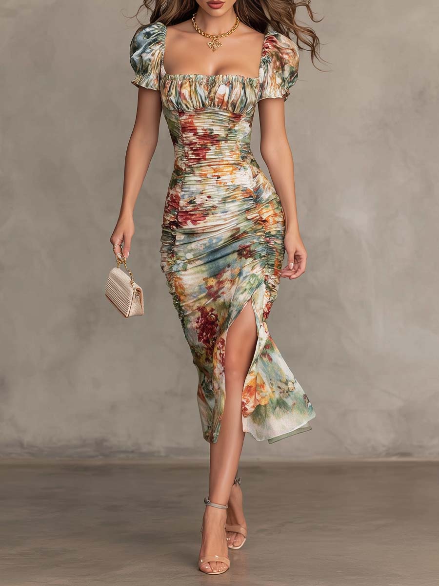 Nellie | Classic Ruched Floral Midi Christmas Party Dress