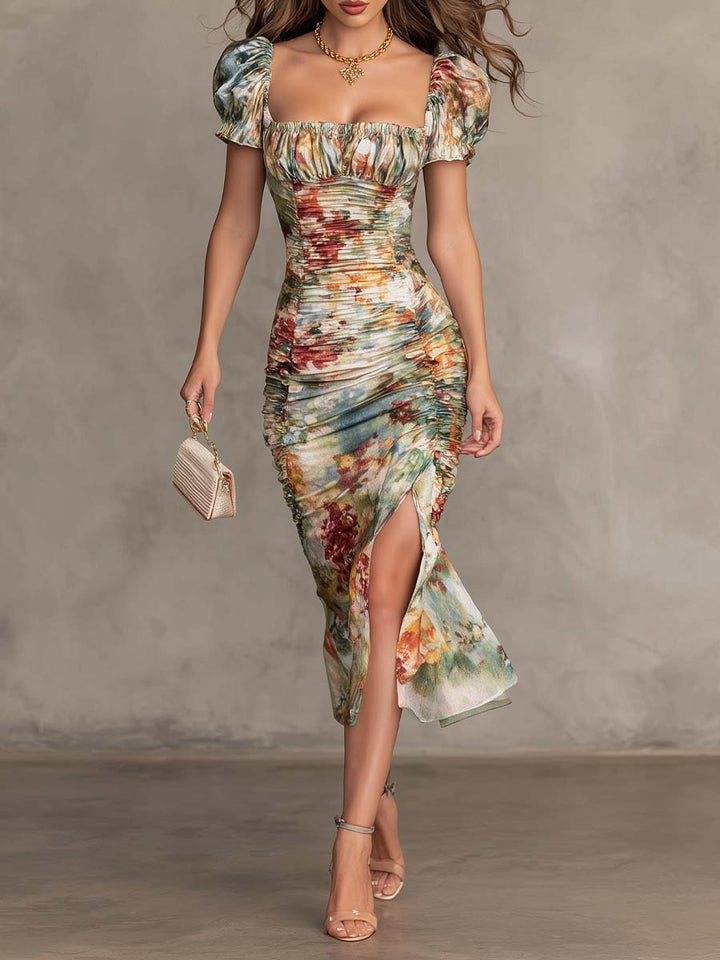 Nellie | Classic Ruched Floral Midi Christmas Party Dress