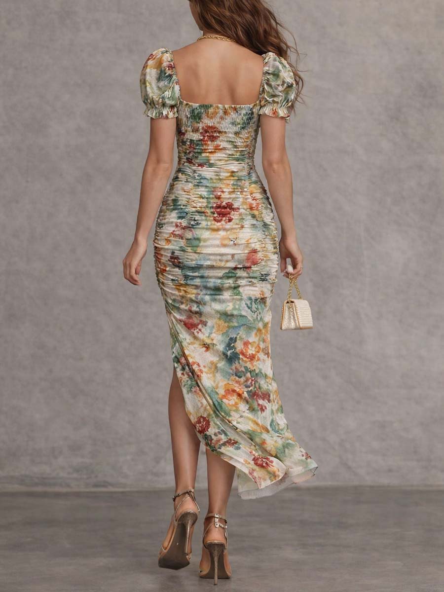 Nellie | Classic Ruched Floral Midi Christmas Party Dress