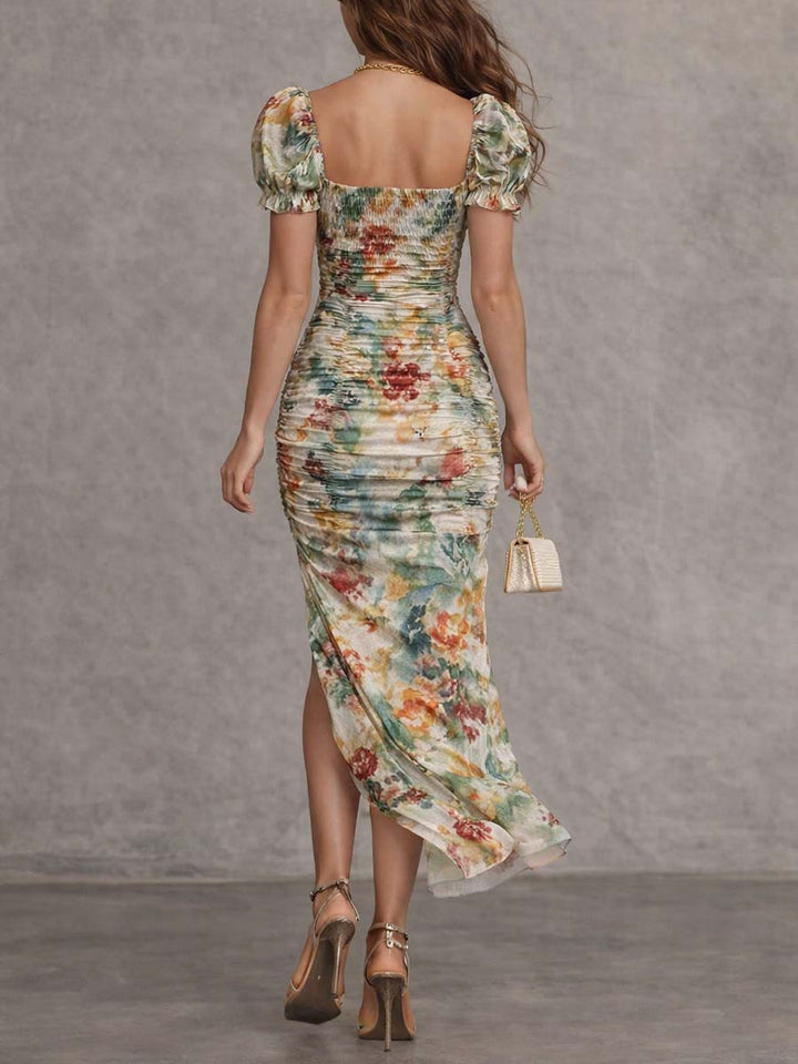 Nellie | Classic Ruched Floral Midi Christmas Party Dress