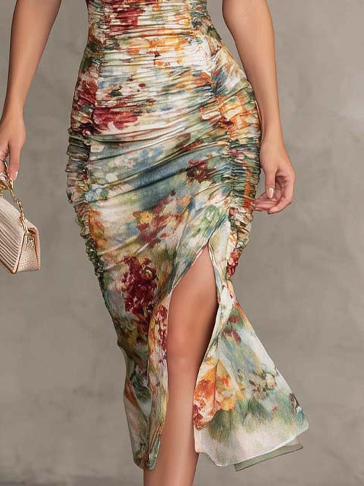 Nellie | Classic Ruched Floral Midi Christmas Party Dress