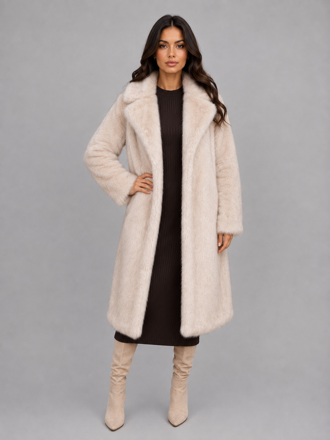 Nellie | Stylish Oversized Faux Fur Long Coat with Statement Collar