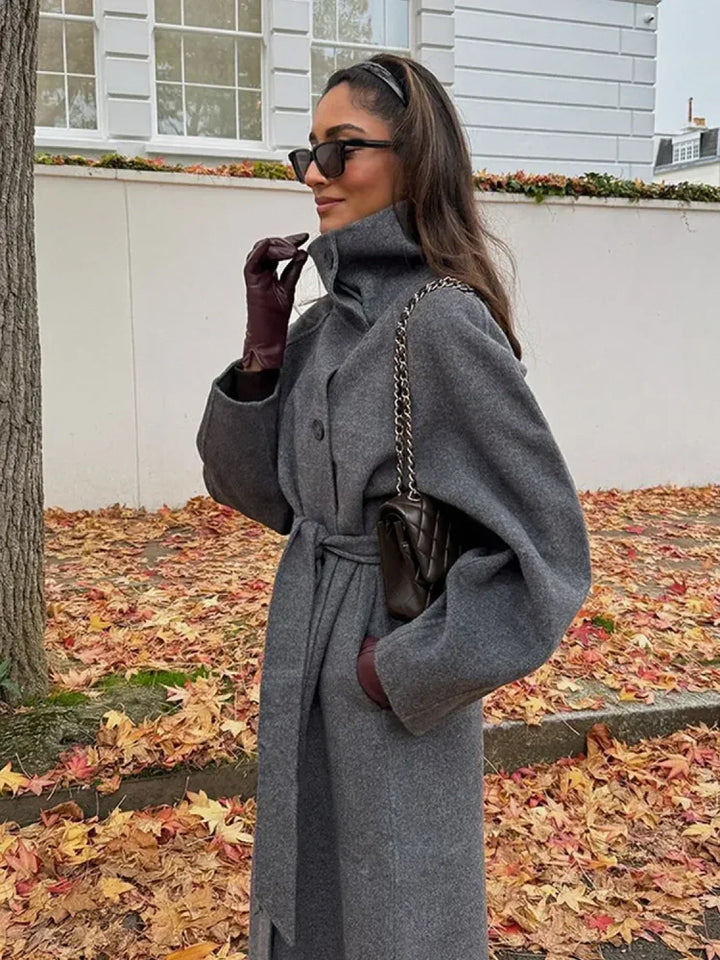 Nora | Classic Belted High Neck Long Coat