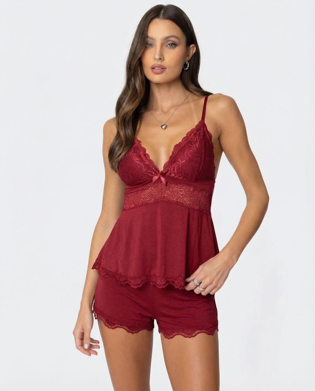 Olive | Polished Lace Trim Camisole Ladies Pyjamas Set