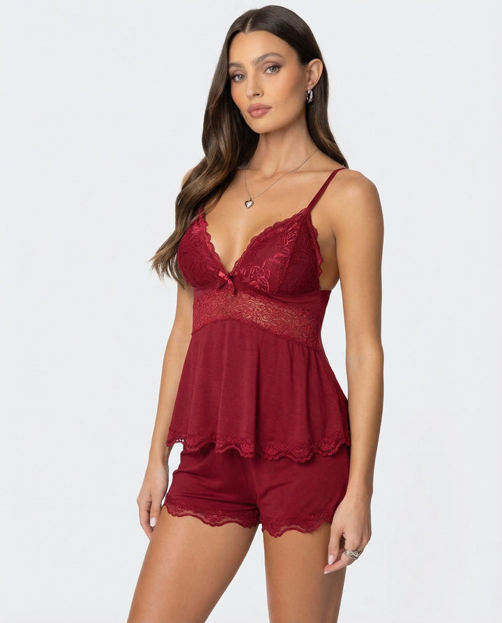 Olive | Polished Lace Trim Camisole Ladies Pyjamas Set