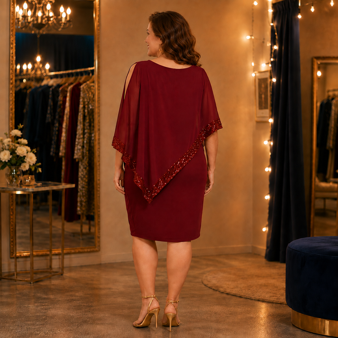 Olivia | Sequin Trim Cape Dress for Xmas Party Wear