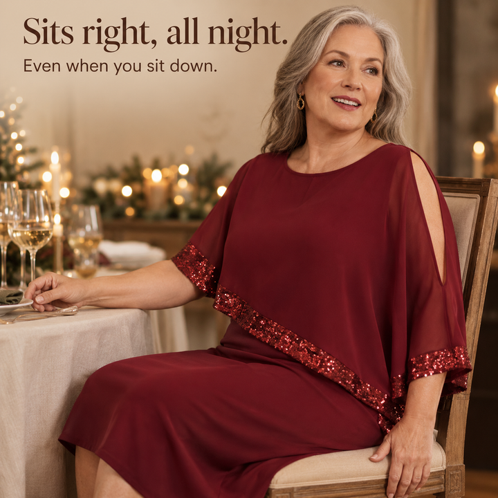 Olivia | Sequin Trim Cape Dress for Xmas Party Wear