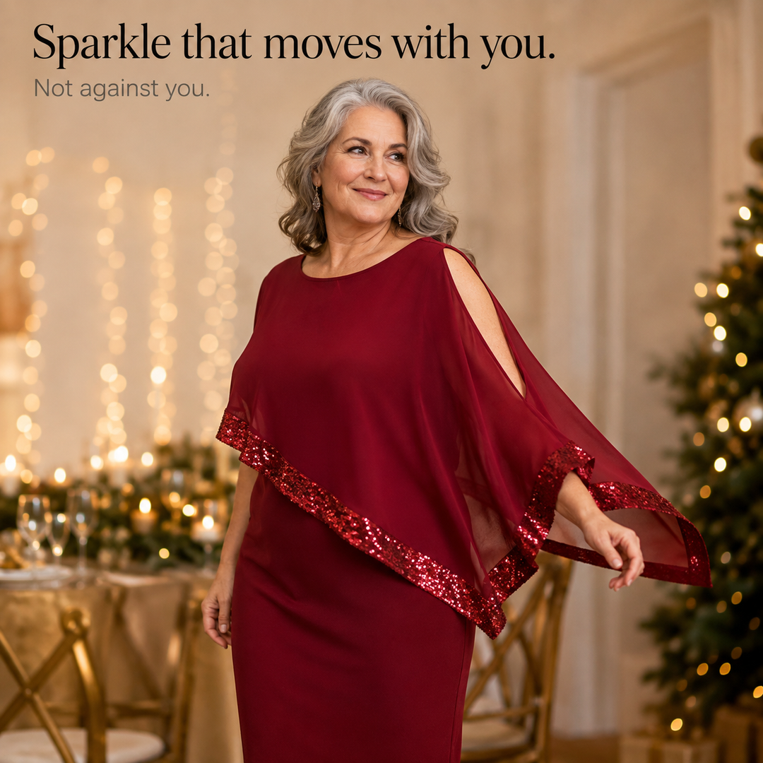 Olivia | Sequin Trim Cape Dress for Xmas Party Wear