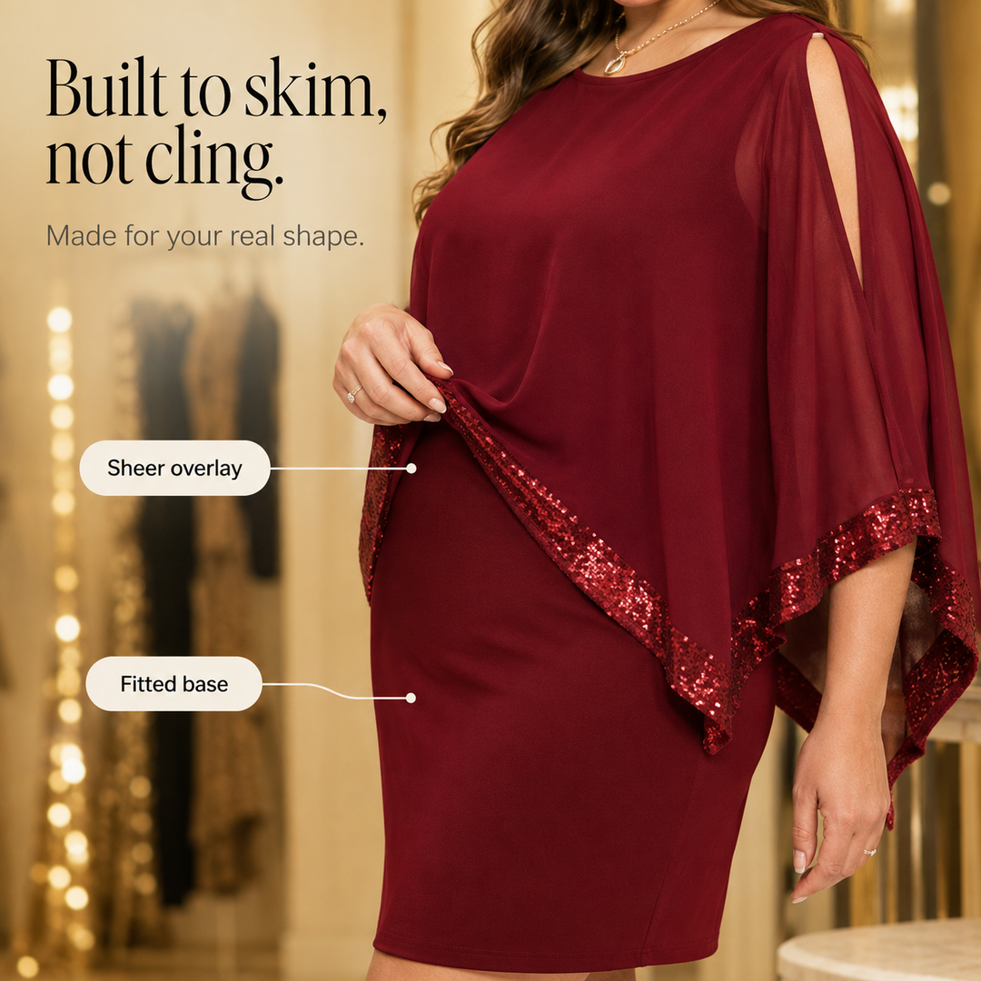 Olivia | Sequin Trim Cape Dress for Xmas Party Wear