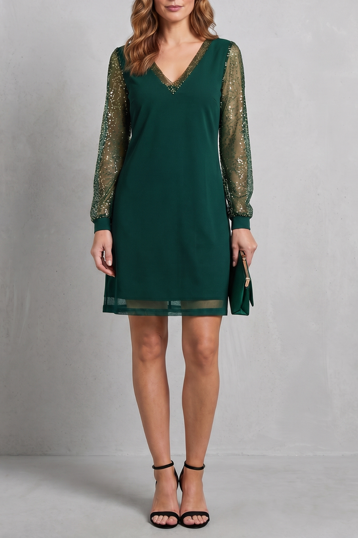 Ophelia | Chic Sheer Sparkle Sleeve Christmas Party Mini Dress