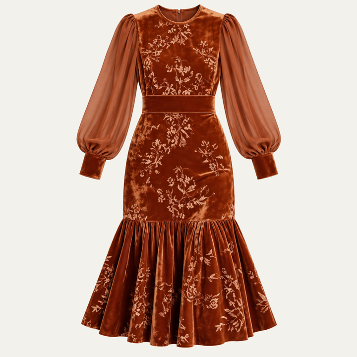 Ottilie | Polished Floral Print Velvet Dress with Sheer Sleeves