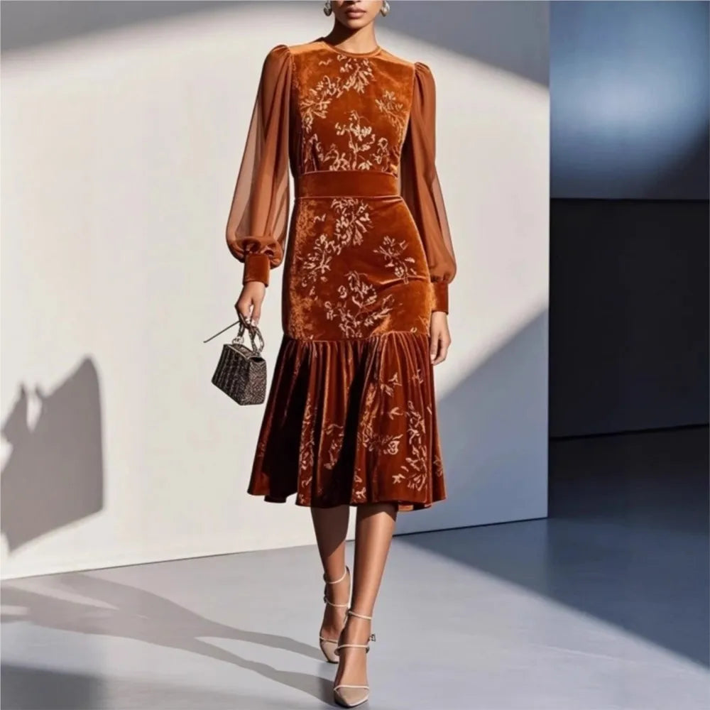 Ottilie | Polished Floral Print Velvet Dress with Sheer Sleeves