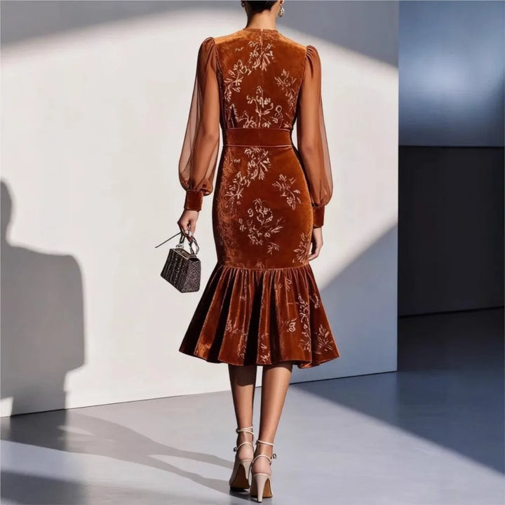 Ottilie | Polished Floral Print Velvet Dress with Sheer Sleeves