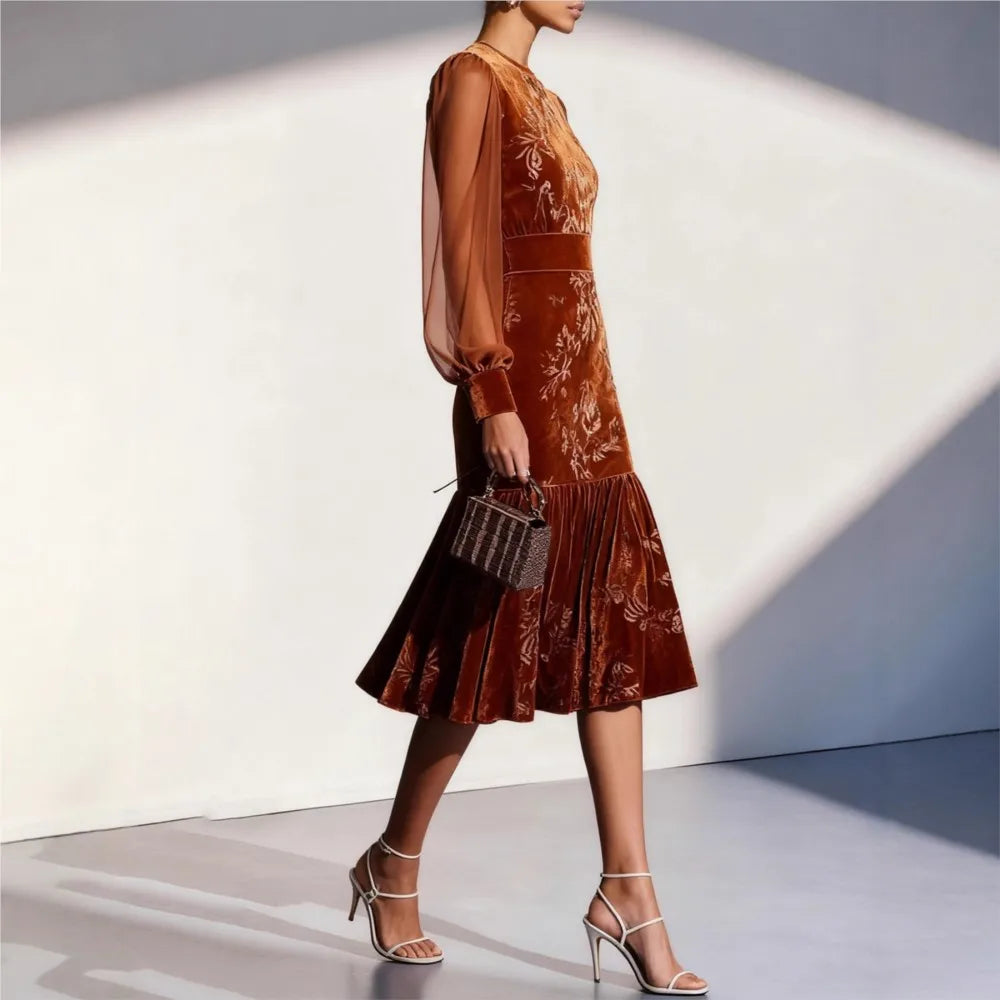 Ottilie | Polished Floral Print Velvet Dress with Sheer Sleeves