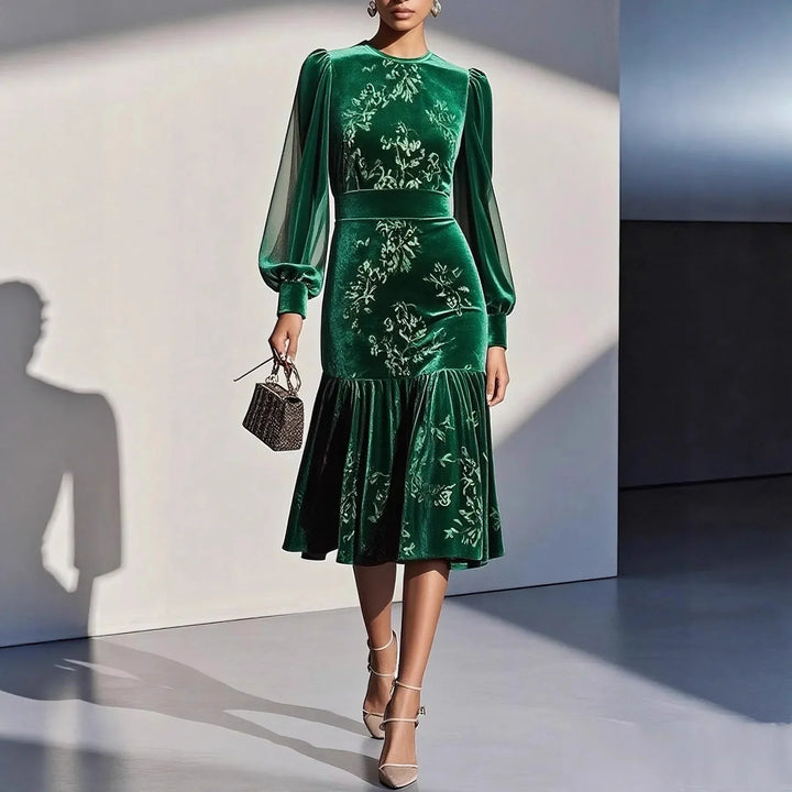 Ottilie | Polished Floral Print Velvet Dress with Sheer Sleeves