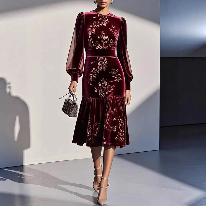 Ottilie | Polished Floral Print Velvet Dress with Sheer Sleeves
