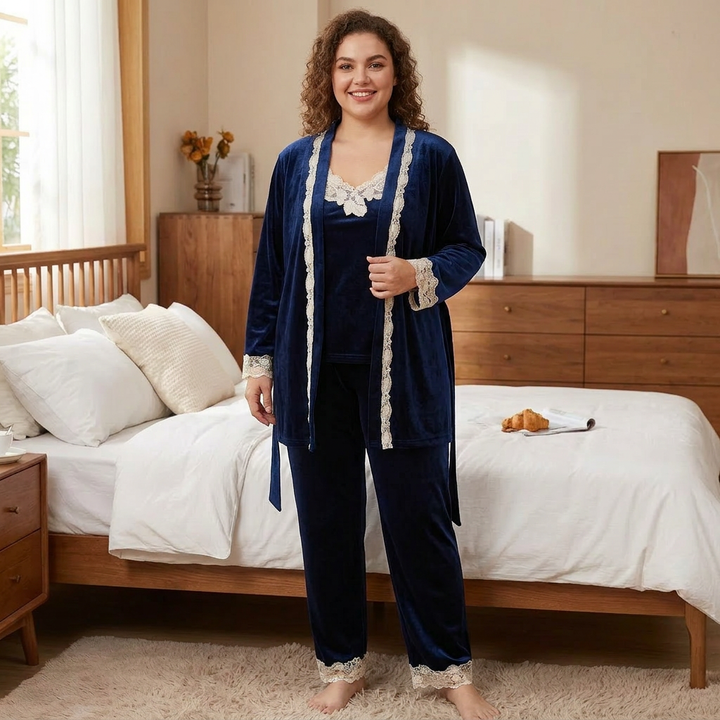 Poppy | Chic Lace Trim Velvet Pyjamas Set