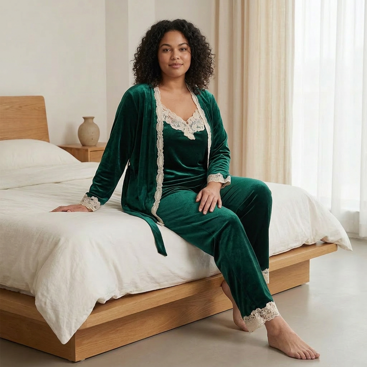 Poppy | Chic Lace Trim Velvet Pyjamas Set