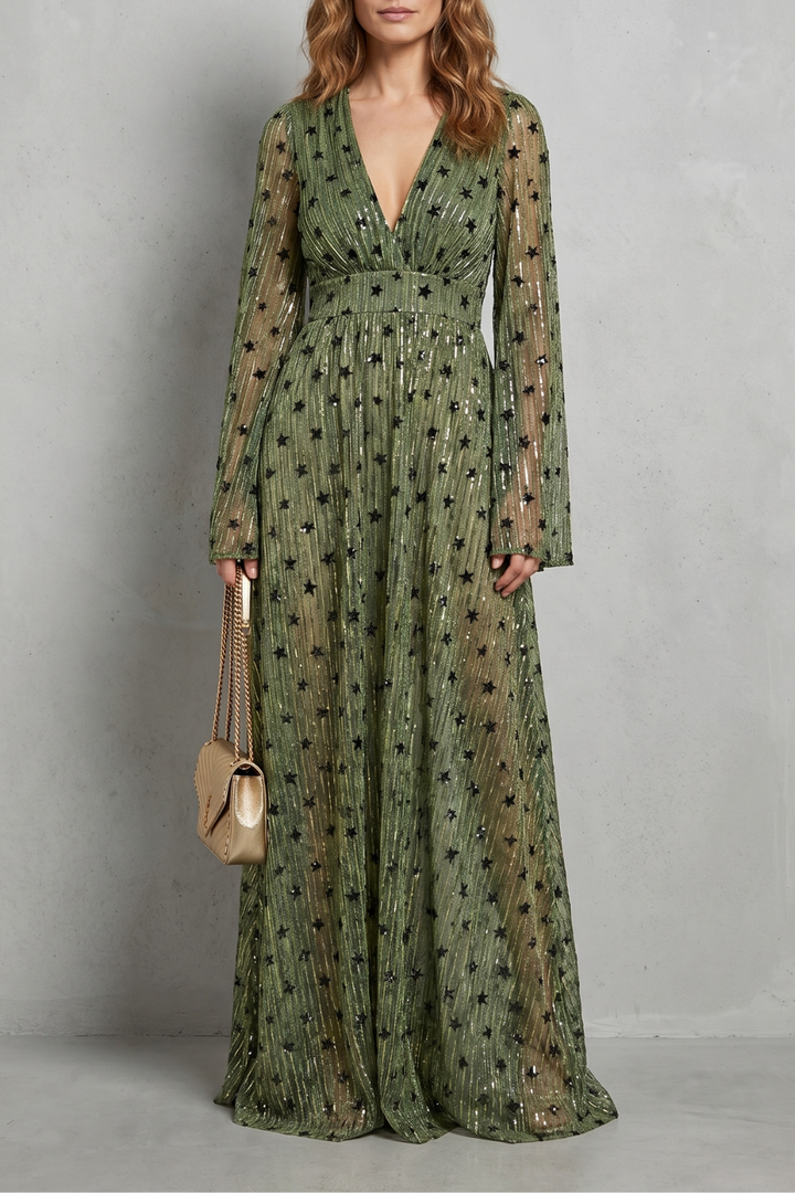 Poppy | Graceful Sequin Star Print Long Sleeve Christmas Dress