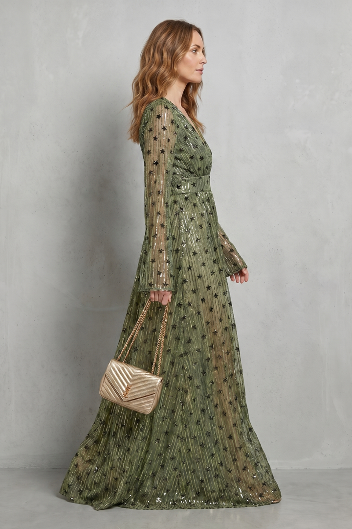 Poppy | Graceful Sequin Star Print Long Sleeve Christmas Dress