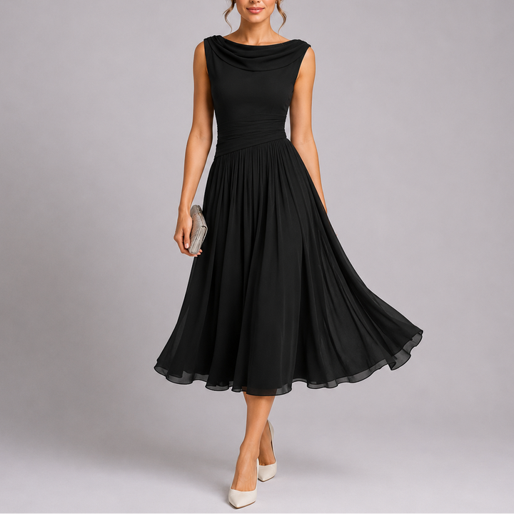 Raya | Cosy Pleated Draped Neckline Christmas Party Midi Dress