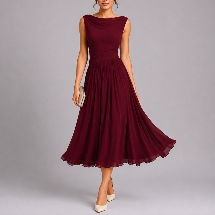 Raya | Cosy Pleated Draped Neckline Christmas Party Midi Dress