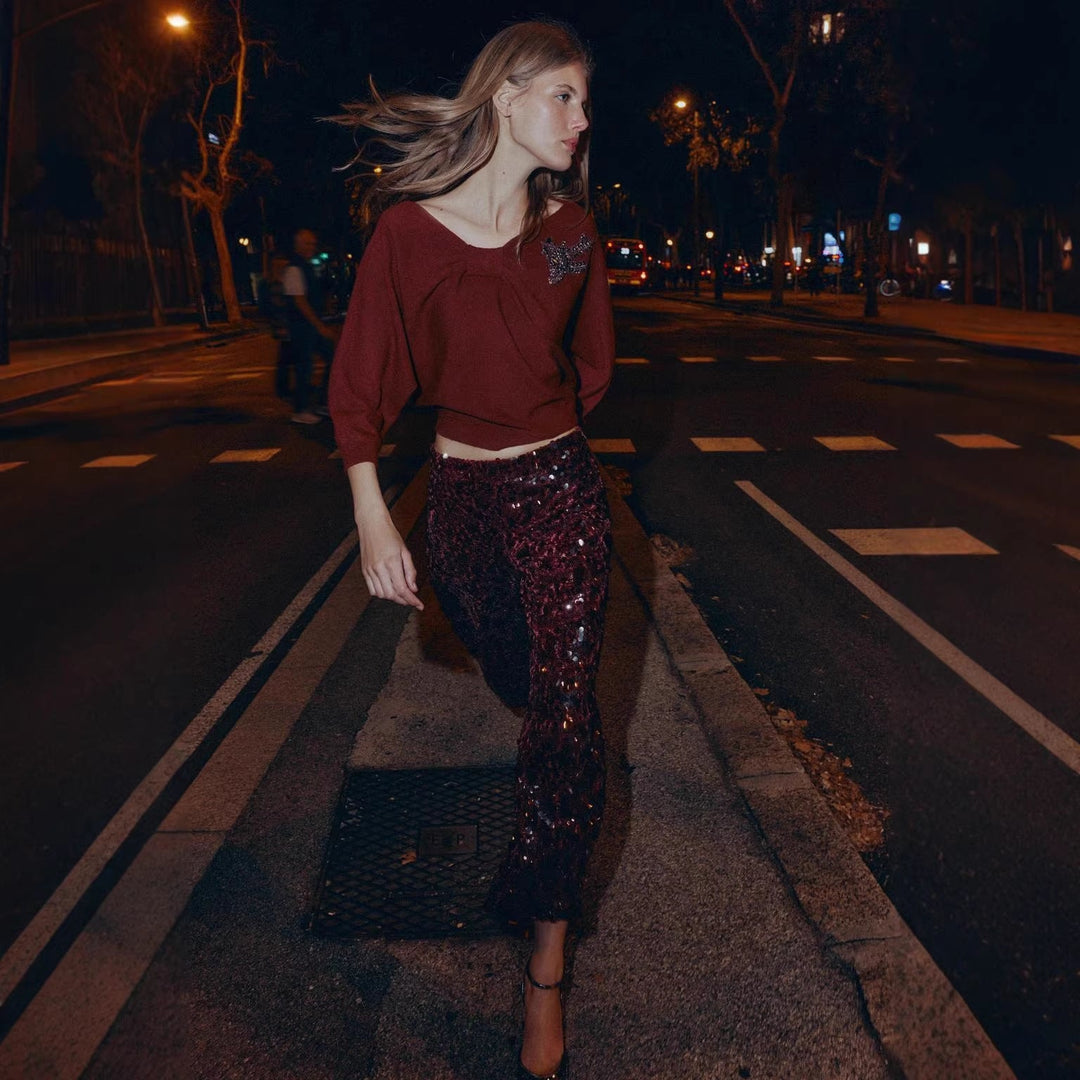 Raya | Graceful High-Waisted Flared Sequin Trousers