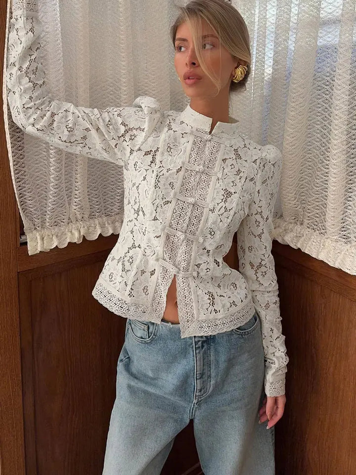 Raya | Refined Lace Puff Sleeve Party Top with Stand Collar